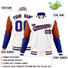 White Royal Blue Dark Orange Gradient Raglan Varsity Letterman Jacket 2