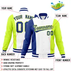 White Royal Blue Fluorescent Green Color Block Varsity Letterman Jacket 2