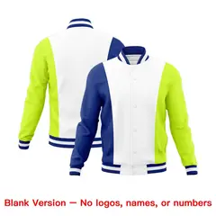 White Royal Blue Fluorescent Green Color Block Varsity Letterman Jacket 7