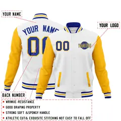 White Royal Blue Gold Raglan Sleeve Cotton Letterman Jacket 2