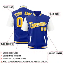 White Royal Blue Gold Short Sleeve Full-Snap Varsity Jacket 2
