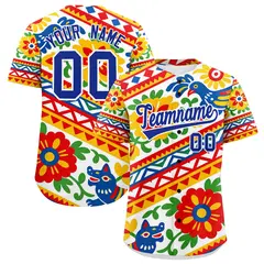 White Royal Blue Graffiti Mexican Style Baseball Jersey