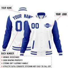 White Royal Blue Gray Raglan Sleeve Cotton Letterman Jacket 2