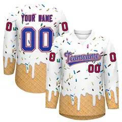 White Royal Blue Ice Cream Pattern V-Neck Hockey Jersey