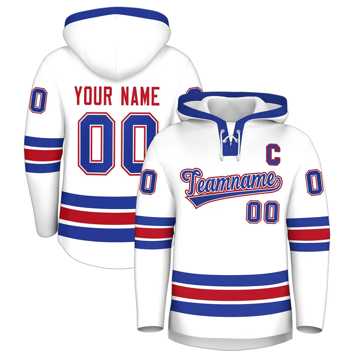 White Royal Blue Lace-Up Neck Classic Hockey Hoodie