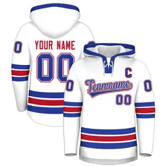White Royal Blue Lace-Up Neck Classic Hockey Hoodie 1