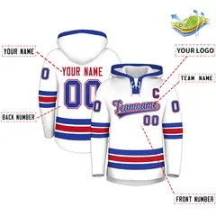 White Royal Blue Lace-Up Neck Classic Hockey Hoodie 2