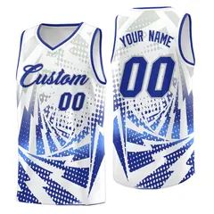 White Royal Blue Lightning Halftone Dot Basketball Jersey 1