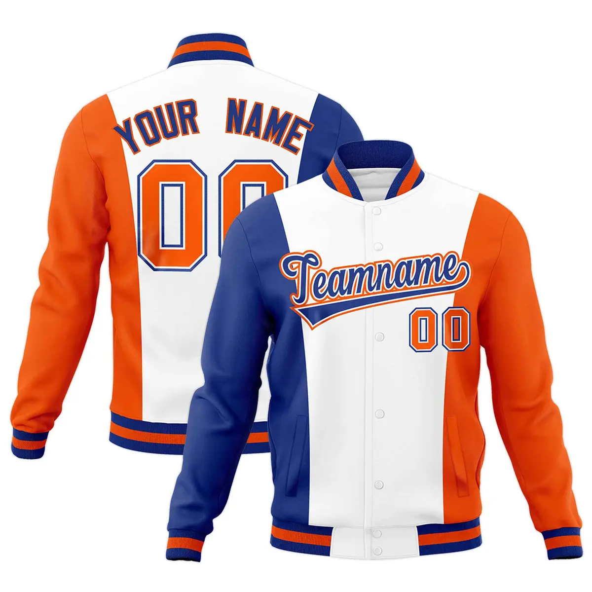White Royal Blue Orange Color Block Varsity Letterman Jacket