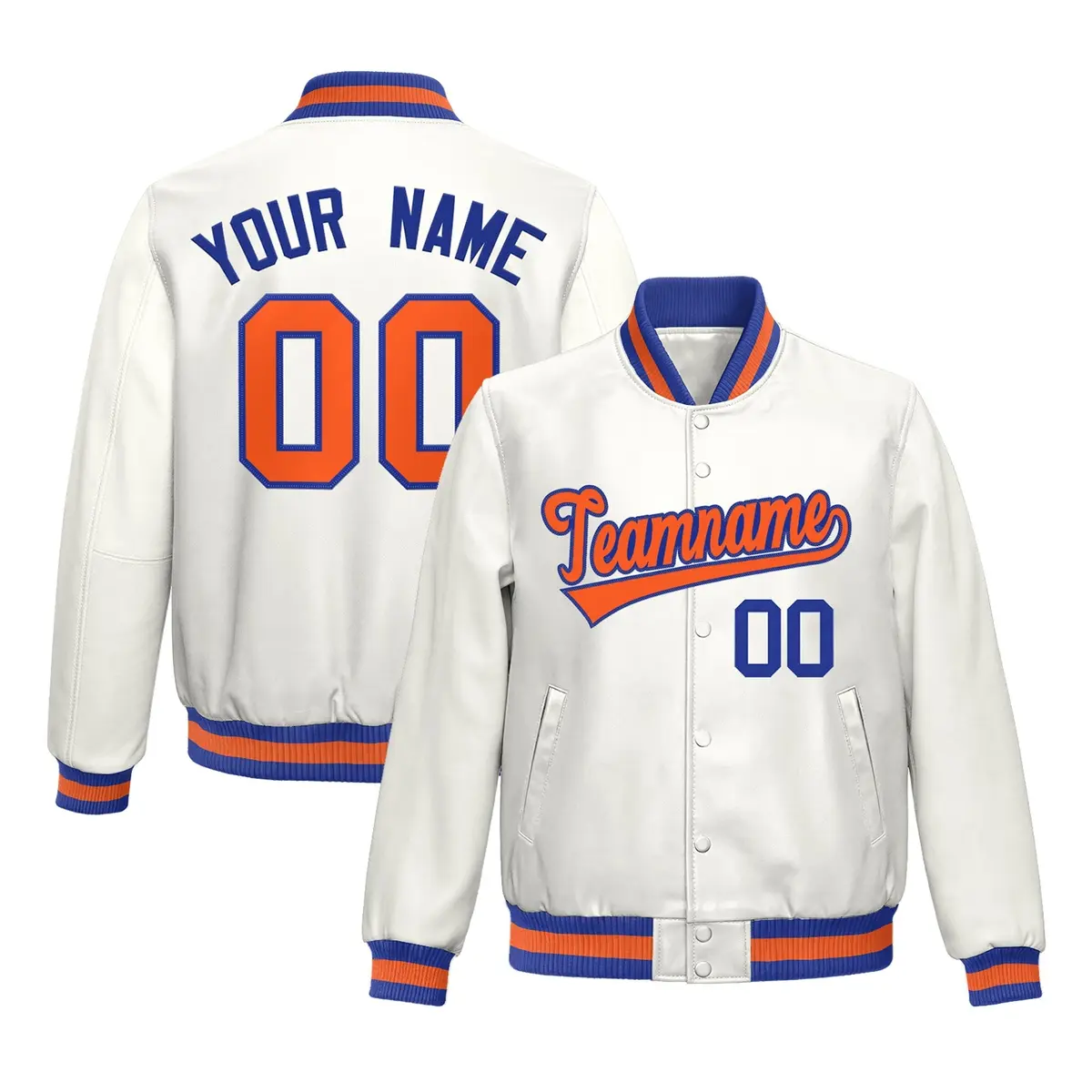 White Royal Blue Orange Full-Snap Faux Leather Letterman Jacket