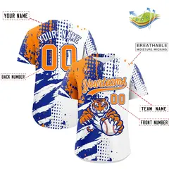 White Royal Blue Orange Full-Snap Tiger Graffiti Baseball Jersey 2