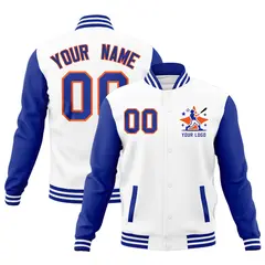 White Royal Blue Orange Raglan Sleeves Full-Snap Letterman Cotton Jacket 1