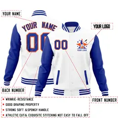 White Royal Blue Orange Raglan Sleeves Full-Snap Letterman Cotton Jacket 2