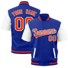 White Royal Blue Orange Short Sleeve Full-Snap Varsity Jacket