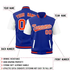 White Royal Blue Orange Short Sleeve Full-Snap Varsity Jacket 2
