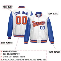 White Royal Blue Raglan Full-Snap Varsity Faux Leather Letterman Jacket 2