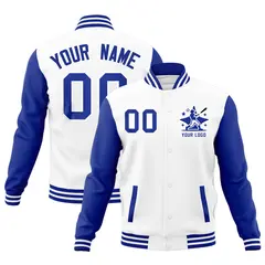 White Royal Blue Raglan Sleeves Full-Snap Letterman Cotton Jacket 1