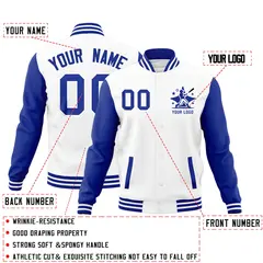White Royal Blue Raglan Sleeves Full-Snap Letterman Cotton Jacket 2
