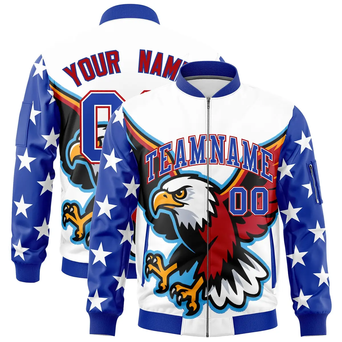 White Royal Blue Red American Flag Independence Day Full Zip Wrinkle-Resistant Jacket