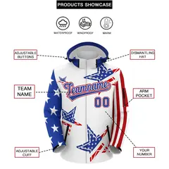 White Royal Blue Red American Flag Independence Day Waterproof Jacket 2