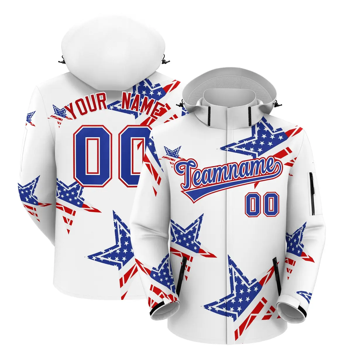 White Royal Blue Red American Flag Independence Day Waterproof Jacket