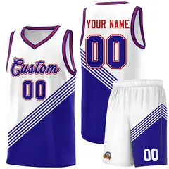 White Royal Blue Red Diagonal Stripe Color Block Basketball Jersey