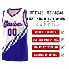 White Royal Blue Red Diagonal Stripe Color Block Basketball Jersey 2