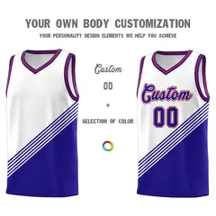 White Royal Blue Red Diagonal Stripe Color Block Basketball Jersey 3