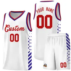White Royal Blue Red Diamond Stripe Side Basketball Jersey
