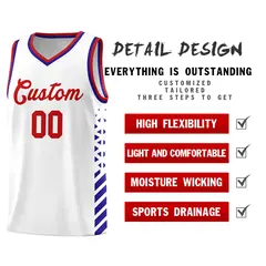 White Royal Blue Red Diamond Stripe Side Basketball Jersey 2