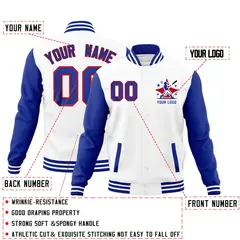 White Royal Blue Red Raglan Full-Snap Letterman Cotton Jacket 2