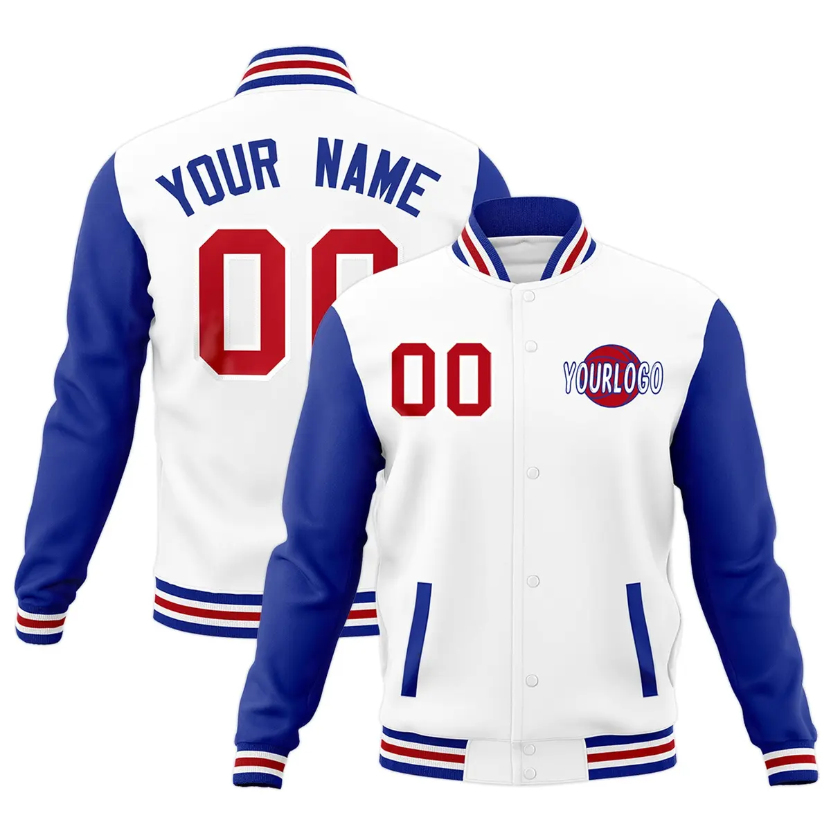 White Royal Blue Red Raglan Sleeve Cotton Letterman Jacket