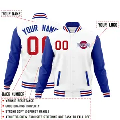 White Royal Blue Red Raglan Sleeve Cotton Letterman Jacket 2