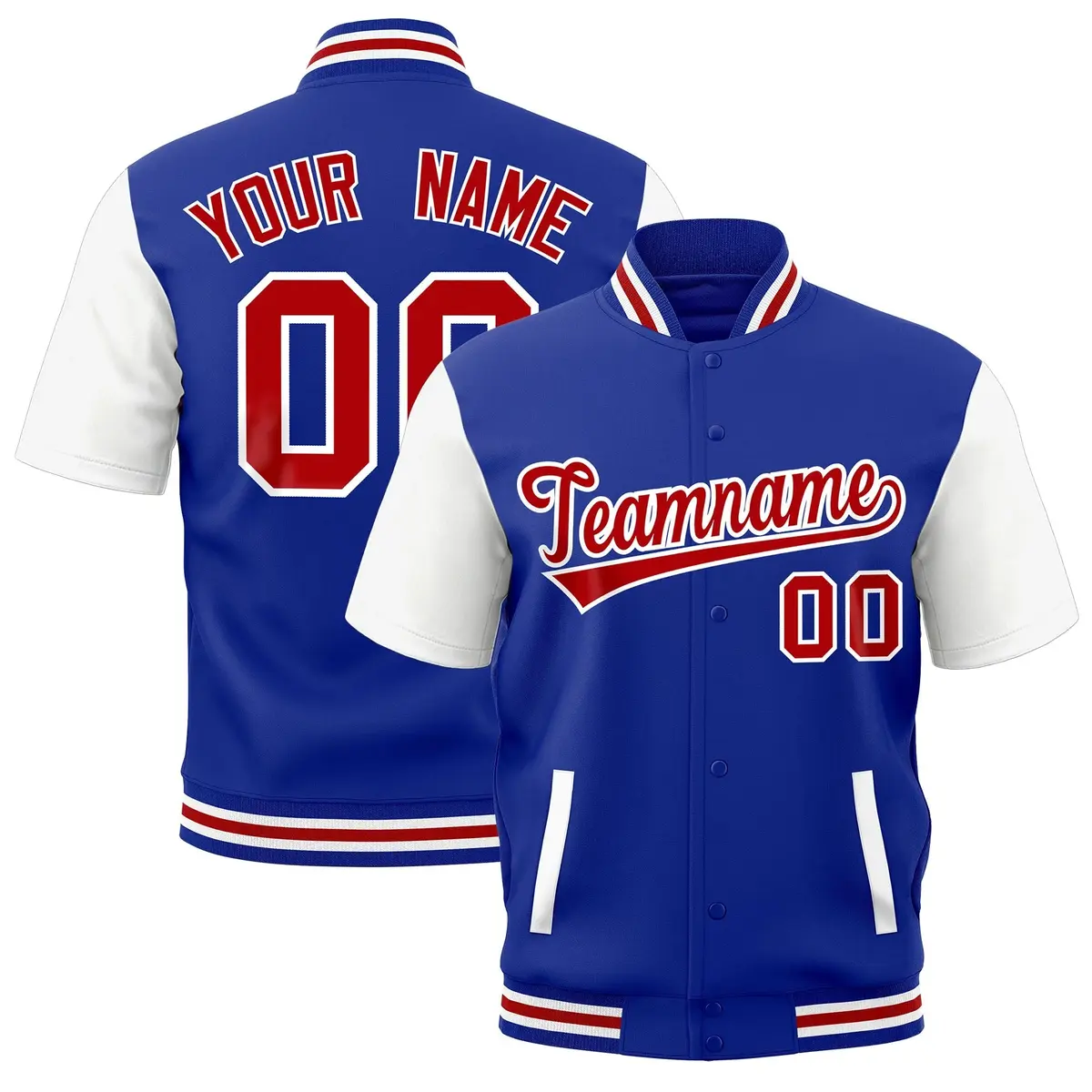 White Royal Blue Red Short Sleeve Full-Snap Varsity Jacket