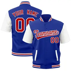 White Royal Blue Red Short Sleeve Full-Snap Varsity Jacket