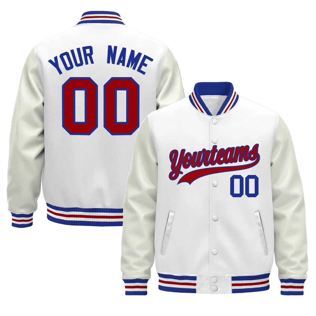 White Royal Blue Red Varsity Jacket with Leather Sleeves Wrinkle-Resistant