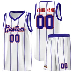 White Royal Blue Red Vertical Stripes Basketball Jersey Set