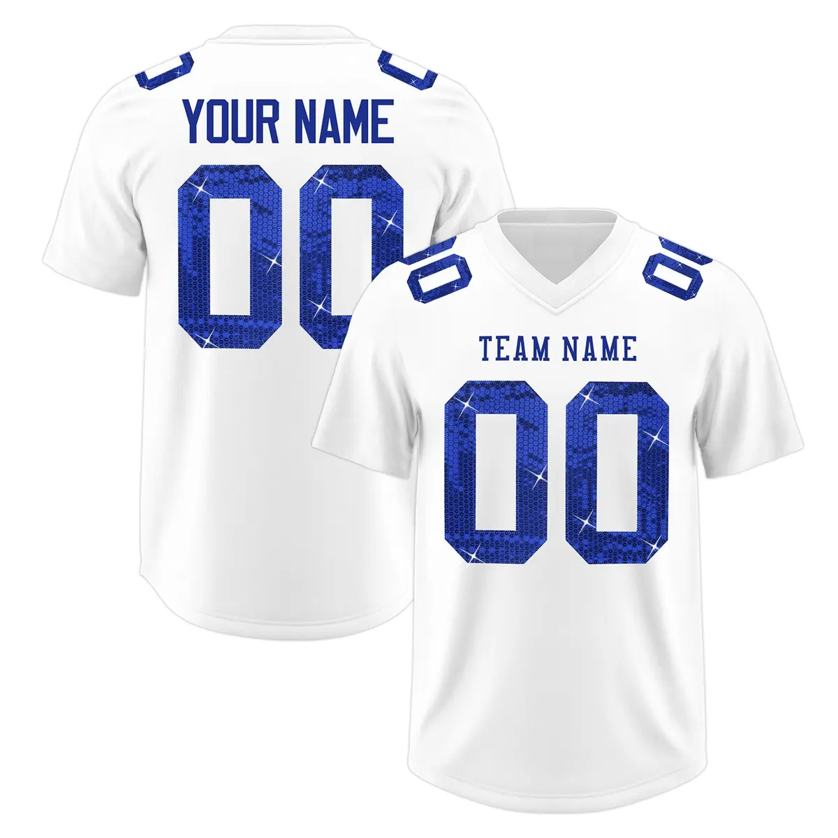 White Royal Blue Sequin Lettering Moisture-Wicking Football Jersey