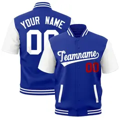 White Royal Blue Short Sleeve Full-Snap Varsity Jacket