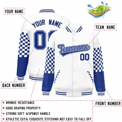 White Royal Checkered Color Block Bomber Varsity Jacket 2