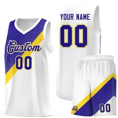 White Royal Diagonal Stripes Color Block Basketball Jersey 1