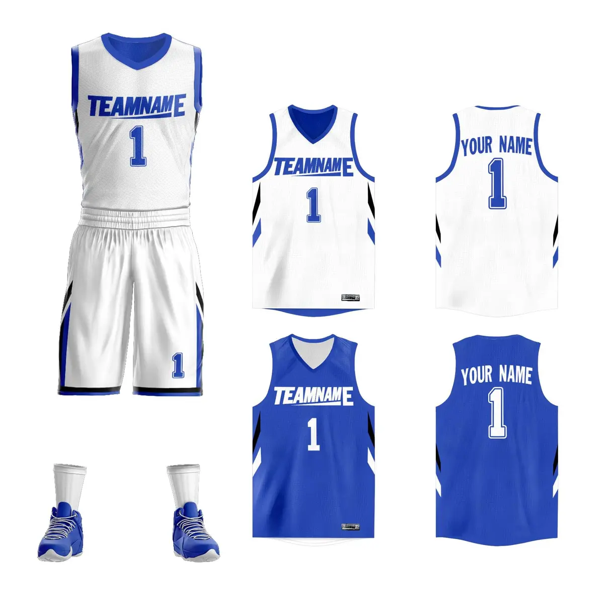 White Royal Double Side Sports Basketball Jersey Sets