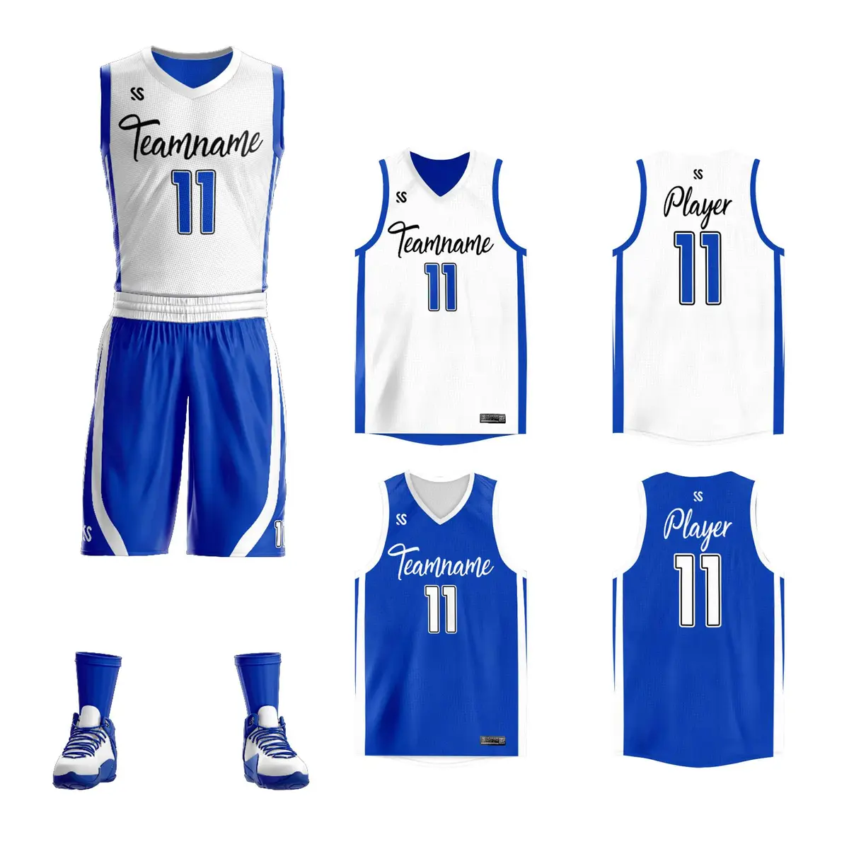 White Royal Double Side Sports Basketball Jersey Sets