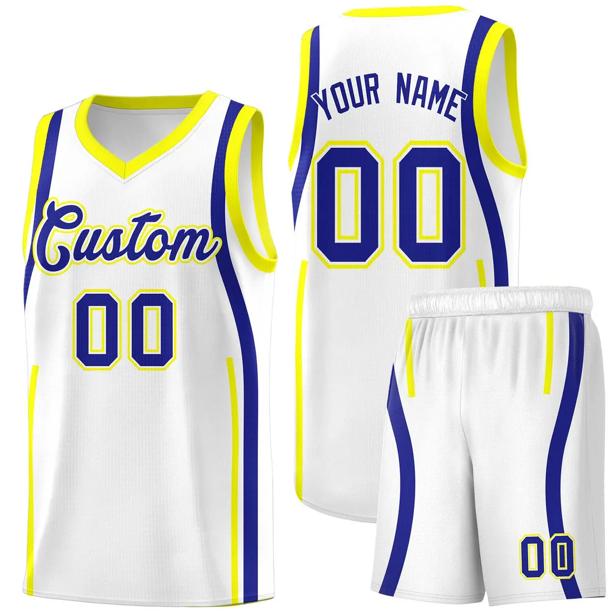 White Royal Fluorescent Yellow Ribbon Pattern Basketball Kit