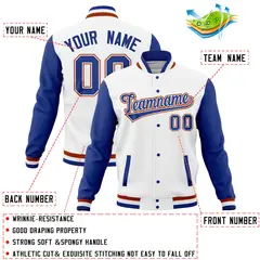 White Royal Full-Snap Raglan Varsity Letterman Baseball Jacket 4