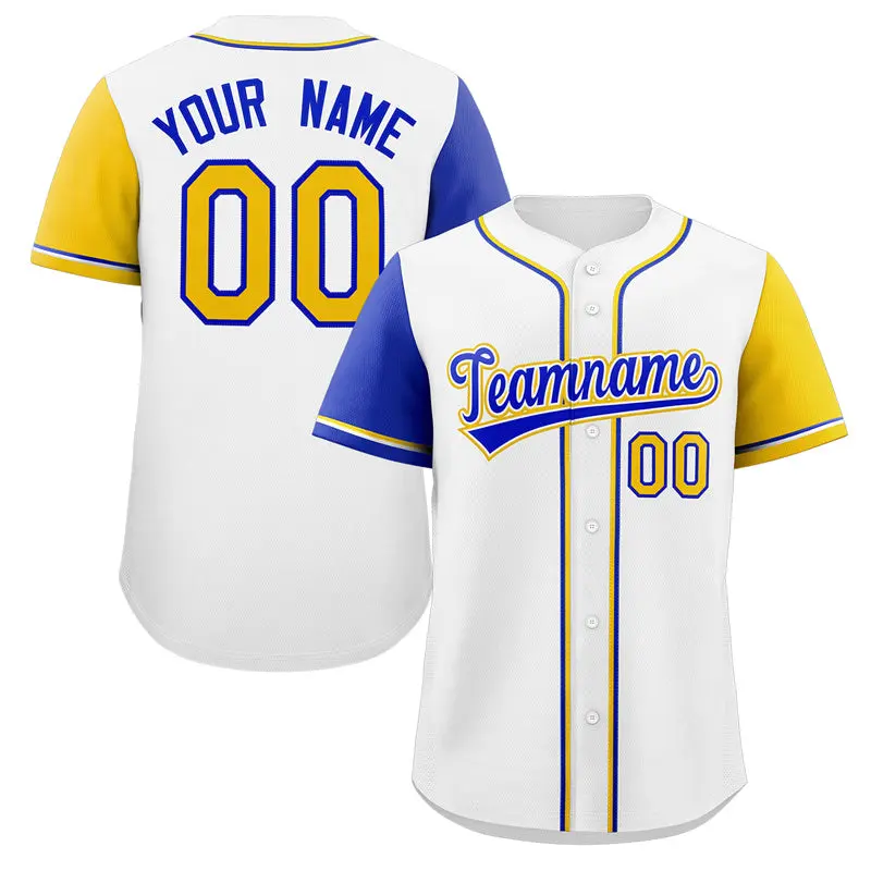 White Royal-Gold Raglan Sleeves Baseball Jersey