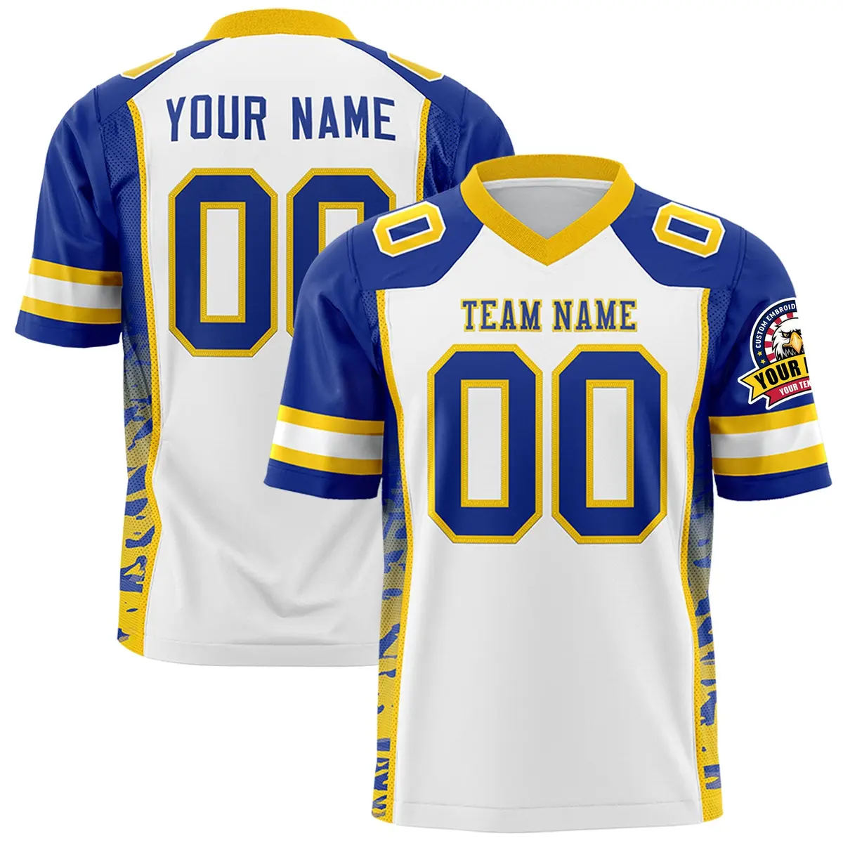 White Royal-Gold Raglan Sleeves Side Pattern Football Jersey