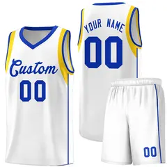 White Royal-Gold Sleeve Color Block Basketball Jersey 1