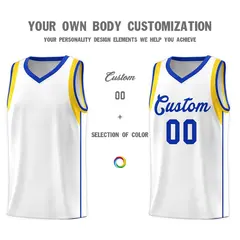 White Royal-Gold Sleeve Color Block Basketball Jersey 3