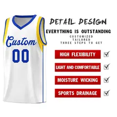 White Royal-Gold Sleeve Color Block Basketball Jersey 5